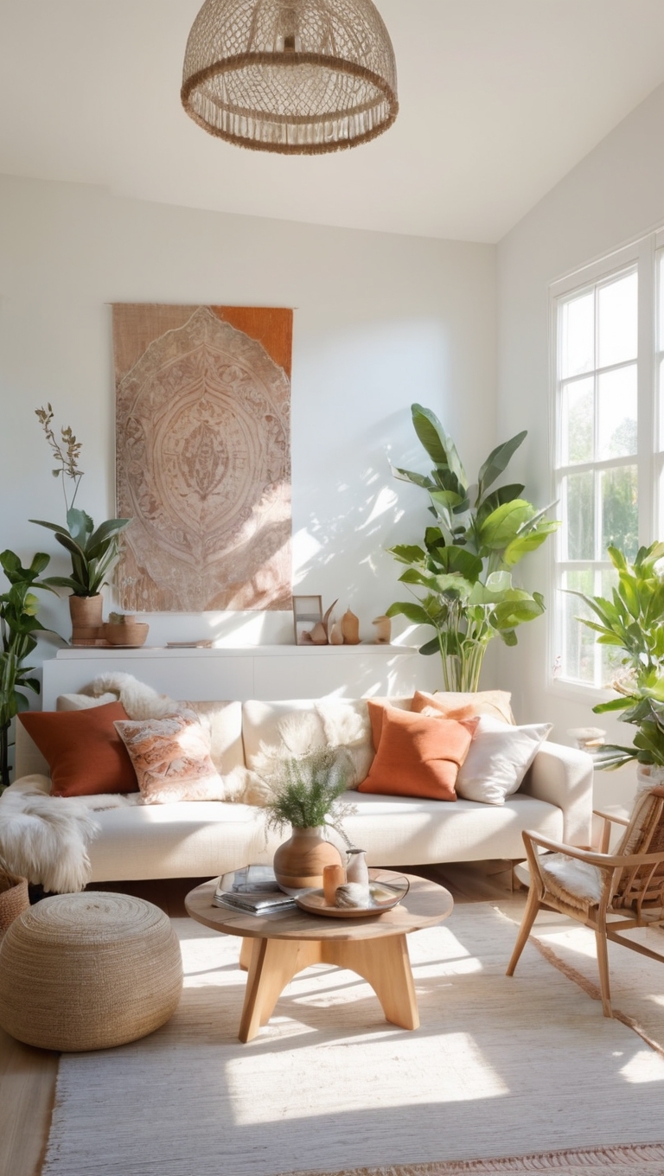 bohemian home decor, minimalist living room ideas, modern boho design, stylish boho chic, trendy minimalist style