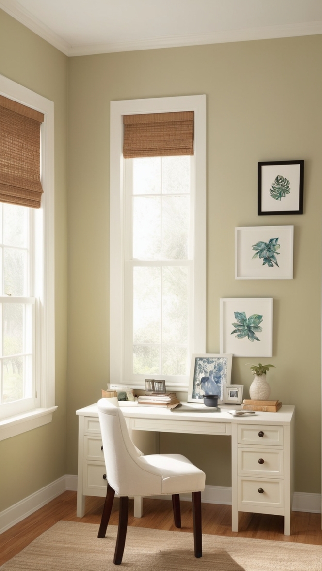 neutral home office, cozy workspace, modern home office, minimalist desk setup, comfortable work environment