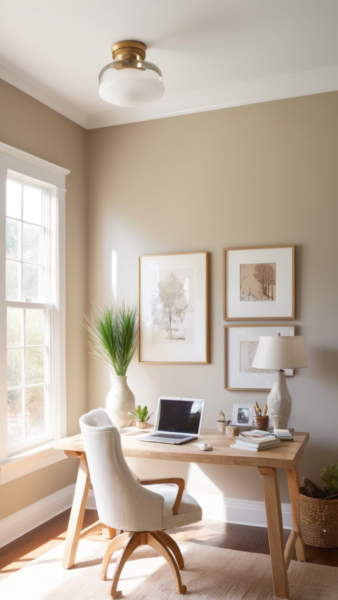 neutral home office, cozy workspace, modern home office, minimalist desk setup, comfortable work environment