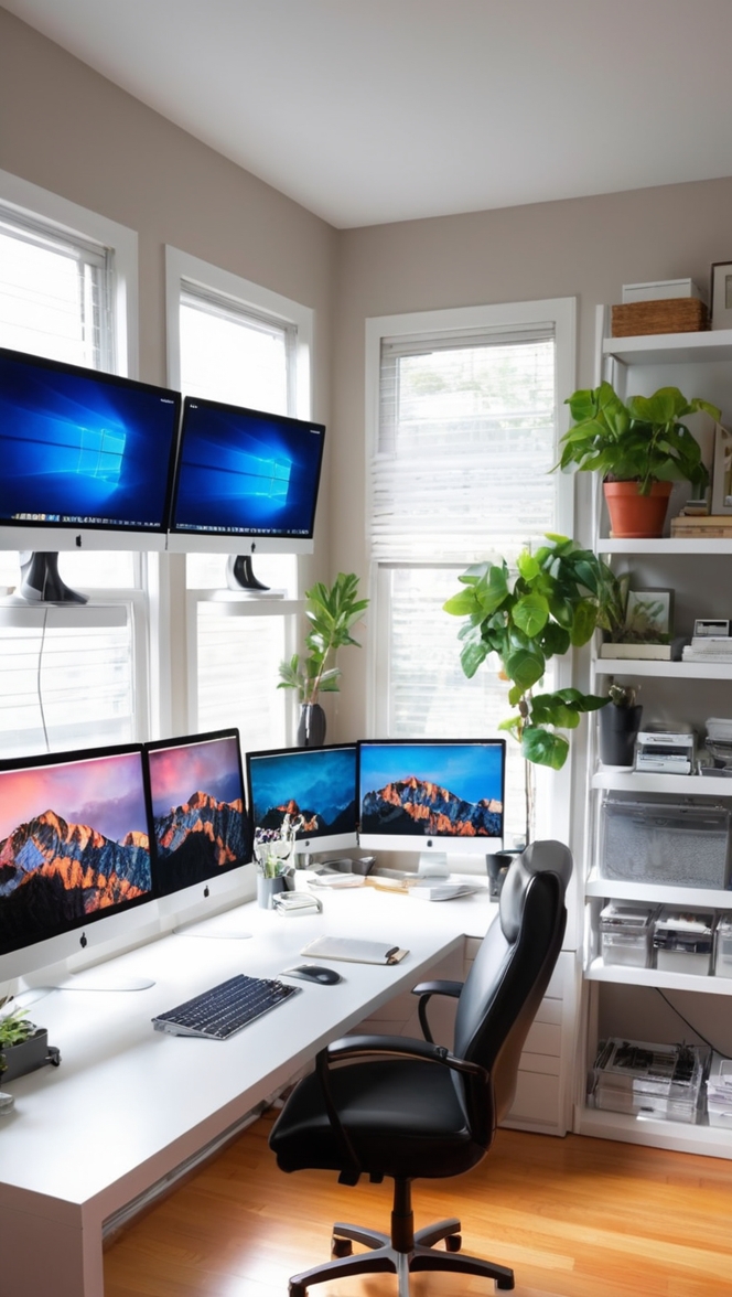 dual monitor desk setup, ergonomic desk setup, triple monitor desk, standing desk setup, home office productivity