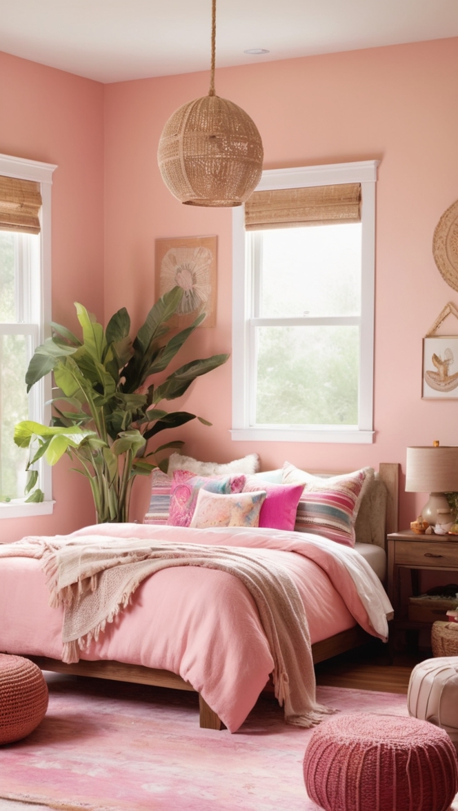 pink boho decor, boho chic bedroom, bohemian bedroom furniture, pink boho bedding, boho bedroom ideas