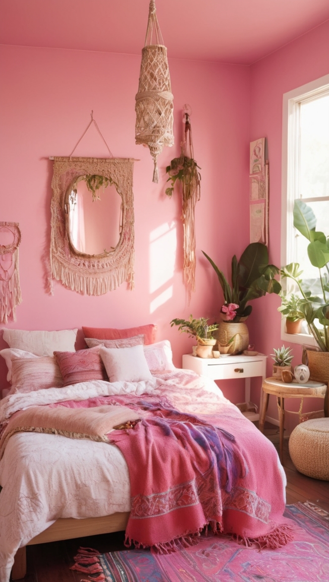 pink boho decor, boho chic bedroom, bohemian bedroom furniture, pink boho bedding, boho bedroom ideas