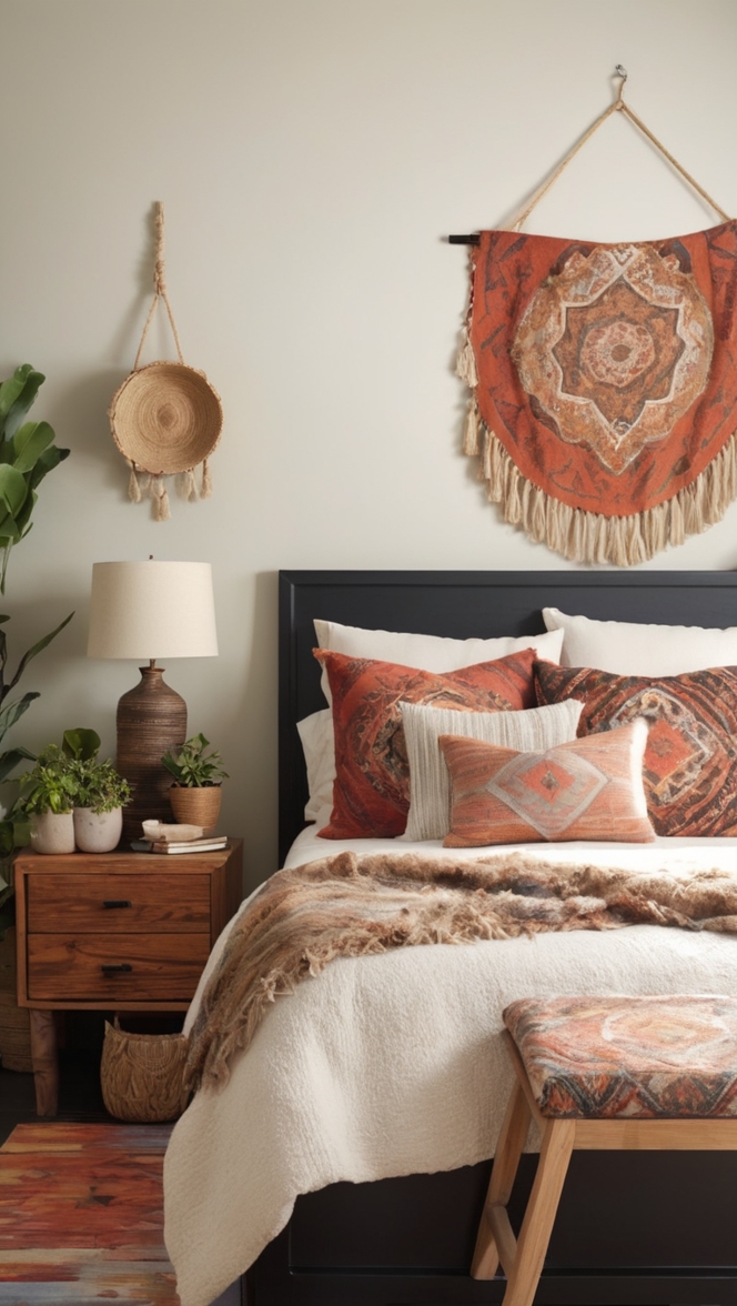 black boho decor, bohemian bedroom furniture, boho chic bedding, dark bohemian bedroom, black and white boho bedding