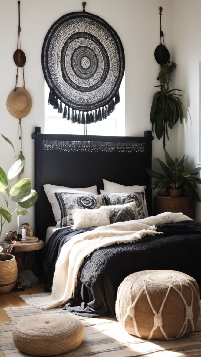 black boho decor, bohemian bedroom furniture, boho chic bedding, dark bohemian bedroom, black and white boho bedding