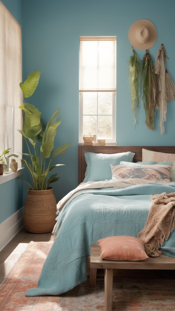 boho chic bedroom decor, boho bedroom furniture, bohemian style bedroom, blue boho bedding, vintage boho bedroom