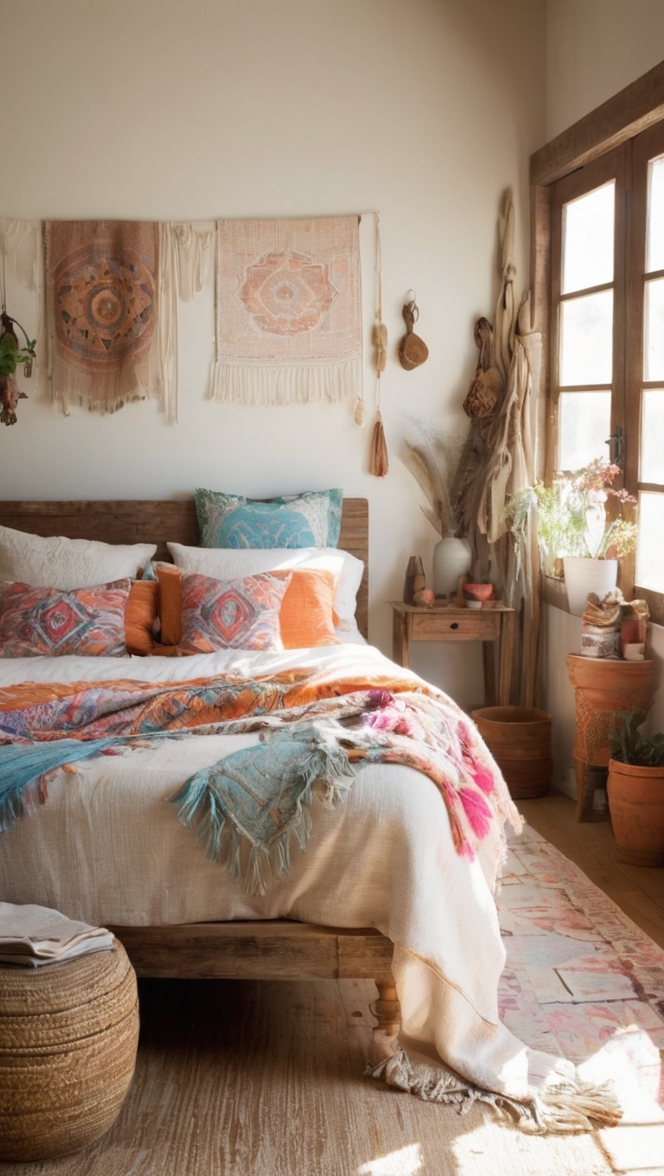 boho decor ideas, bohemian furniture, gypsy bedding, eclectic bedroom design, hippie home decor