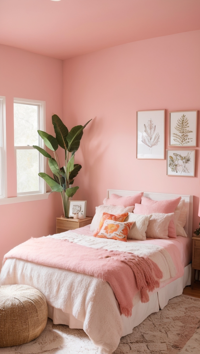 bohemian pink decor, chic pink bedroom, feminine boho room, trendy pink interior, stylish boho bedding