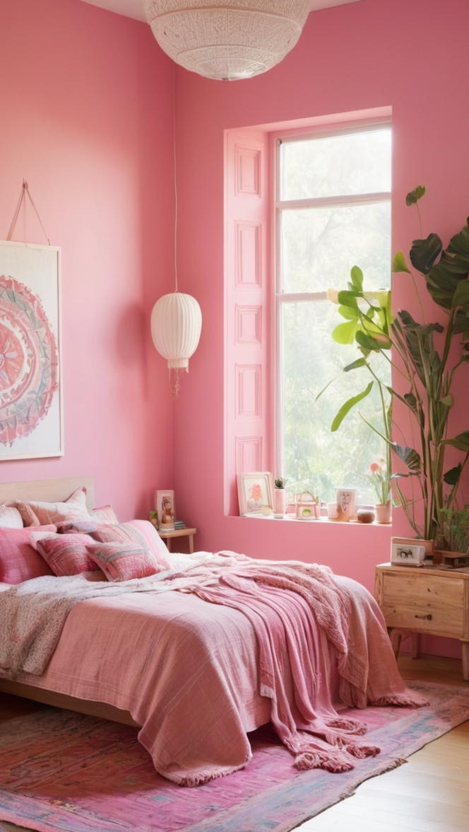 bohemian pink decor, chic pink bedroom, feminine boho room, trendy pink interior, stylish boho bedding