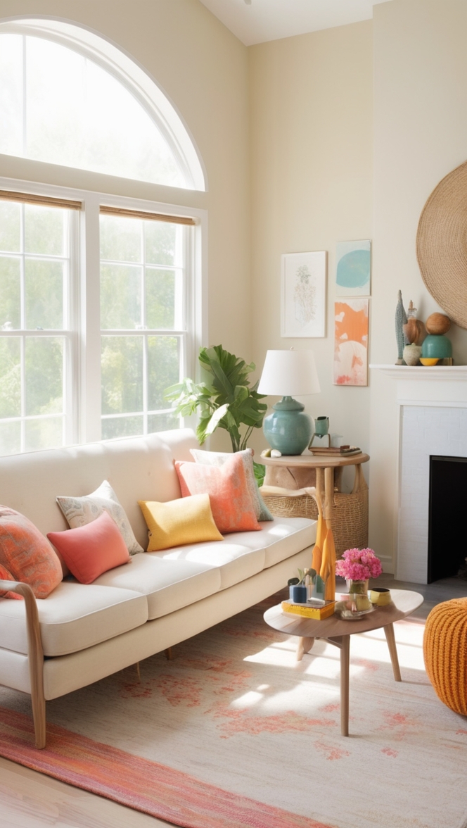 colorful living room decor, minimalist living room ideas, modern minimalist living room, vibrant living room design, contemporary living room decoration