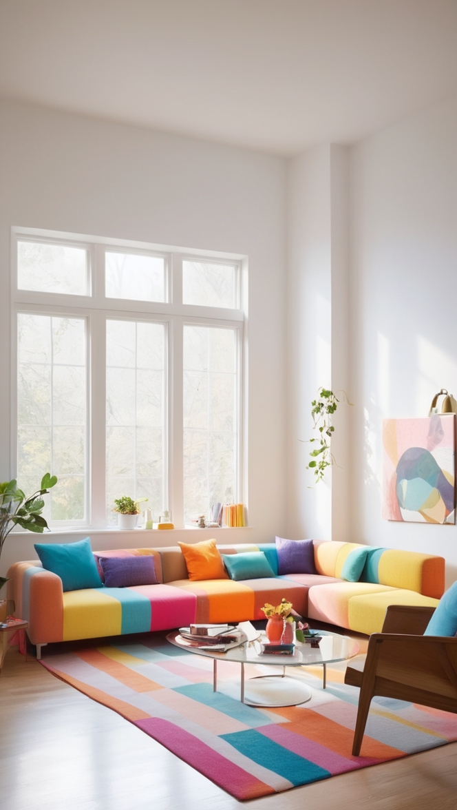 colorful living room decor, minimalist living room ideas, modern minimalist living room, vibrant living room design, contemporary living room decoration