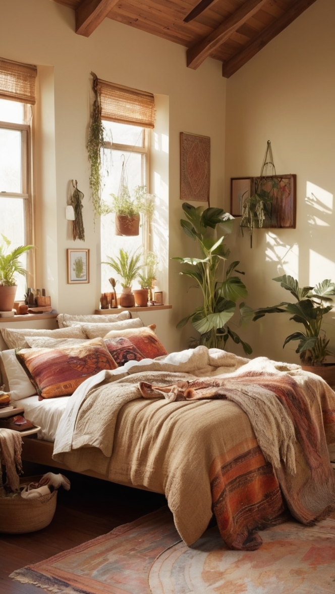 earthy bedroom decor, bohemian bedding, cozy bedroom furniture, natural fiber rugs, organic bedding