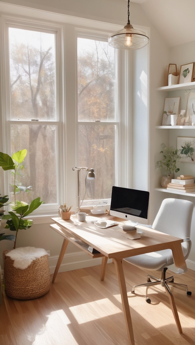 cozy home office decor, modern home office design, stylish office furniture, chic home office ideas, minimalist office decor