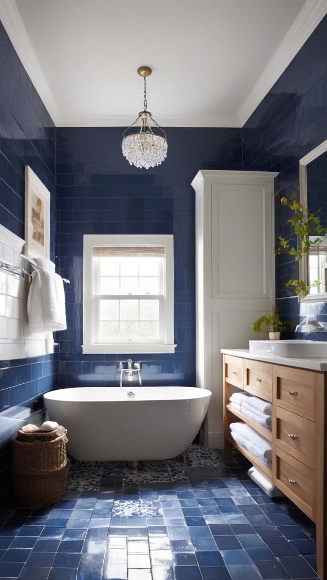dark blue bathroom tiles, blue bathroom floor tiles, navy blue shower tiles, deep blue wall tiles, indigo bathroom tile
