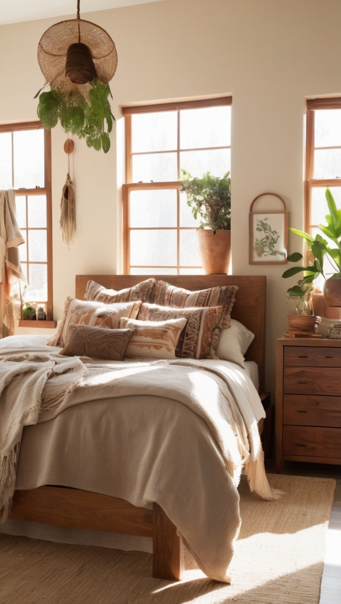 bohemian bedroom design, rustic boho decor, organic bedding, earthy color palette, natural wood furniture