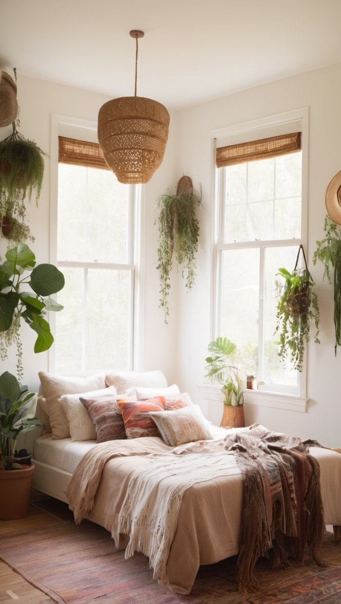 bohemian bedroom design, rustic boho decor, organic bedding, earthy color palette, natural wood furniture