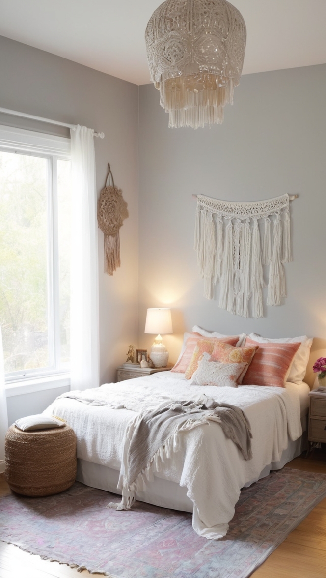 bohemian bedroom decor, boho chic bedding, grey bedroom ideas, modern boho bedroom, boho style room