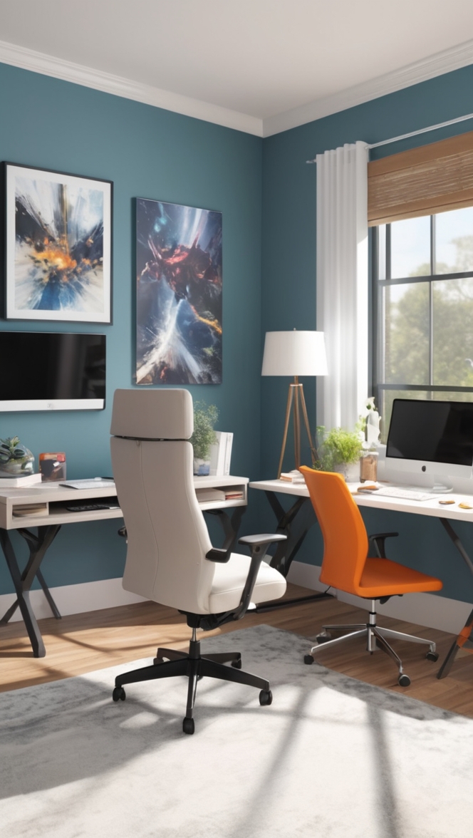 gaming desk, ergonomic chair, dual monitor setup, LED lighting, mechanical keyboard