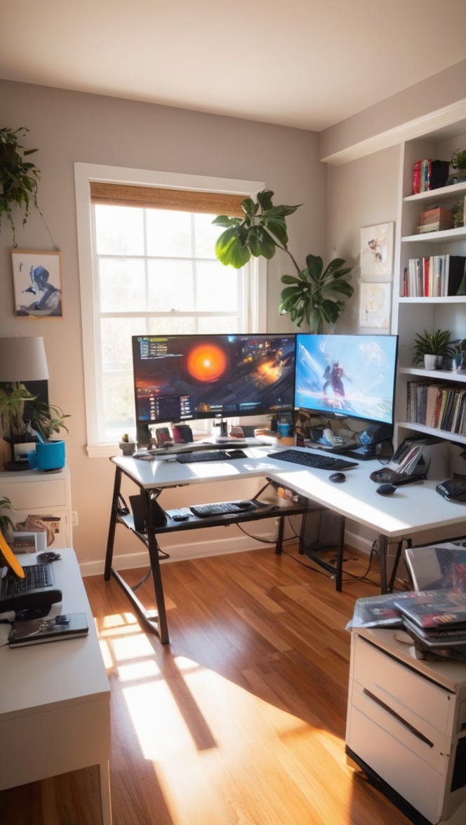 gaming desk, ergonomic chair, dual monitor setup, LED lighting, mechanical keyboard