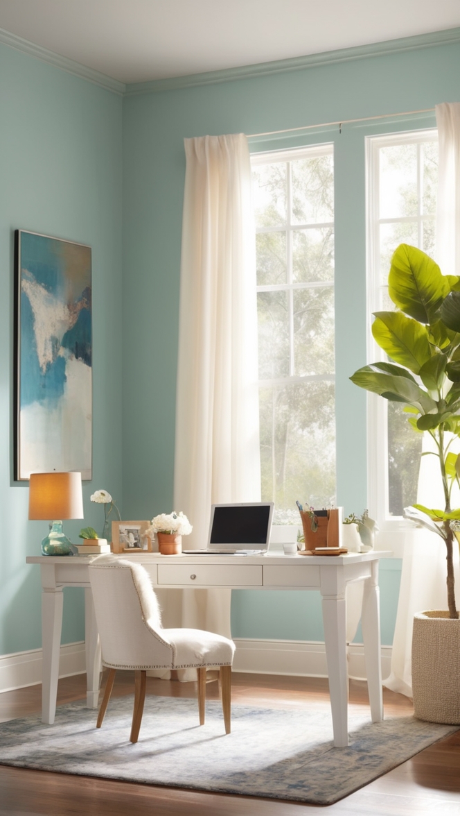 cozy home office design, stylish home office decor, comfortable work from home setup, inviting home office space, warm home office ambiance