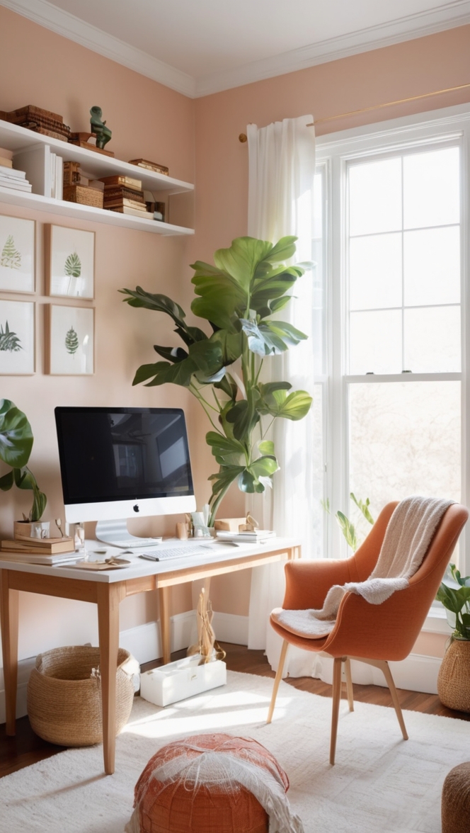 cozy home office design, stylish home office decor, comfortable work from home setup, inviting home office space, warm home office ambiance