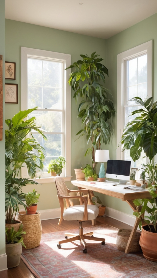 home office decoration, indoor plants, desk accessories, ergonomic chair, work from home