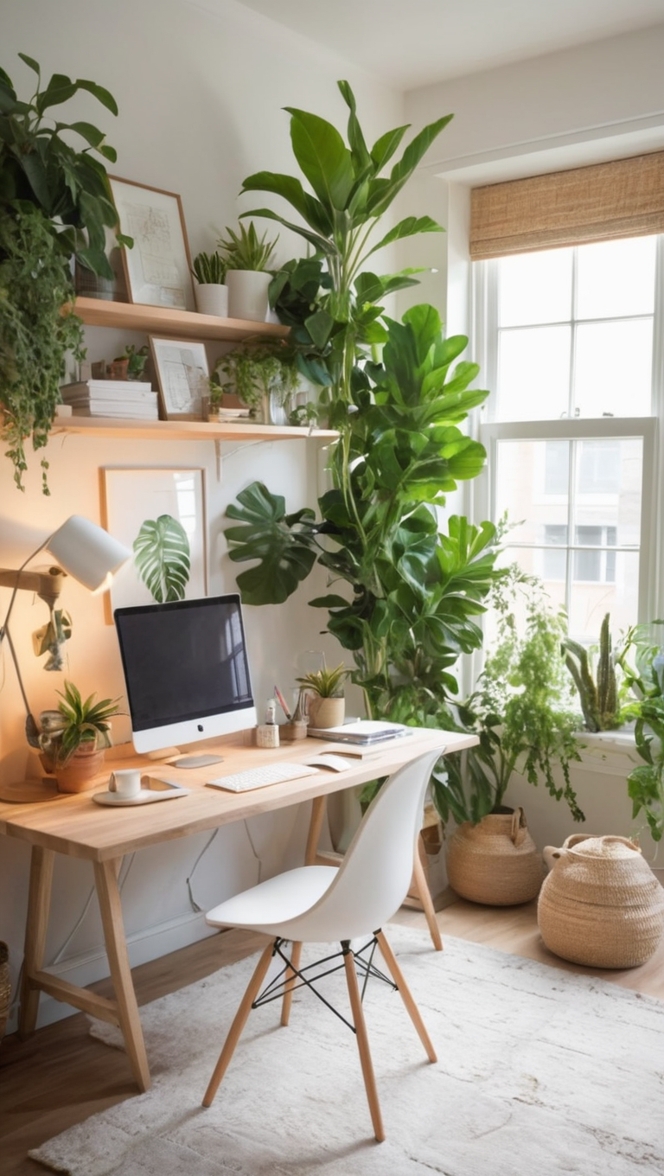 home office decoration, indoor plants, desk accessories, ergonomic chair, work from home