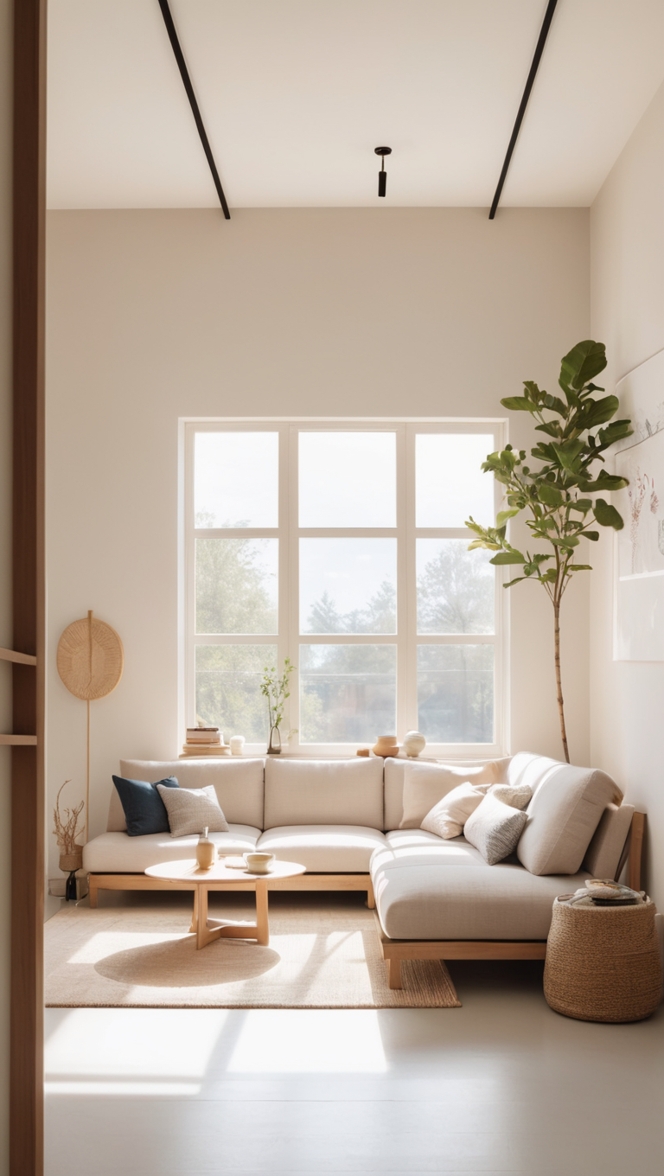 japandi interior design, minimalist home decor, stylish living room ideas, modern Scandinavian interiors, simple Japanese living room