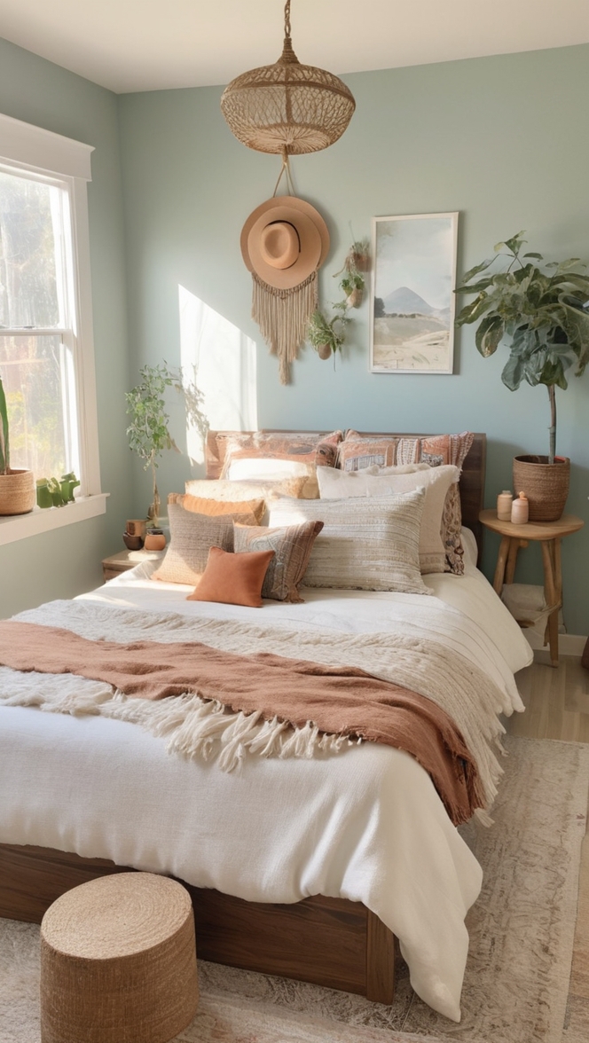 minimal home decor, bohemian bedroom ideas, modern boho design, cozy interior, chic decor trends