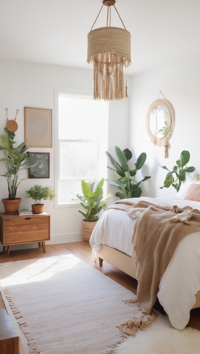 minimal home decor, bohemian bedroom ideas, modern boho design, cozy interior, chic decor trends