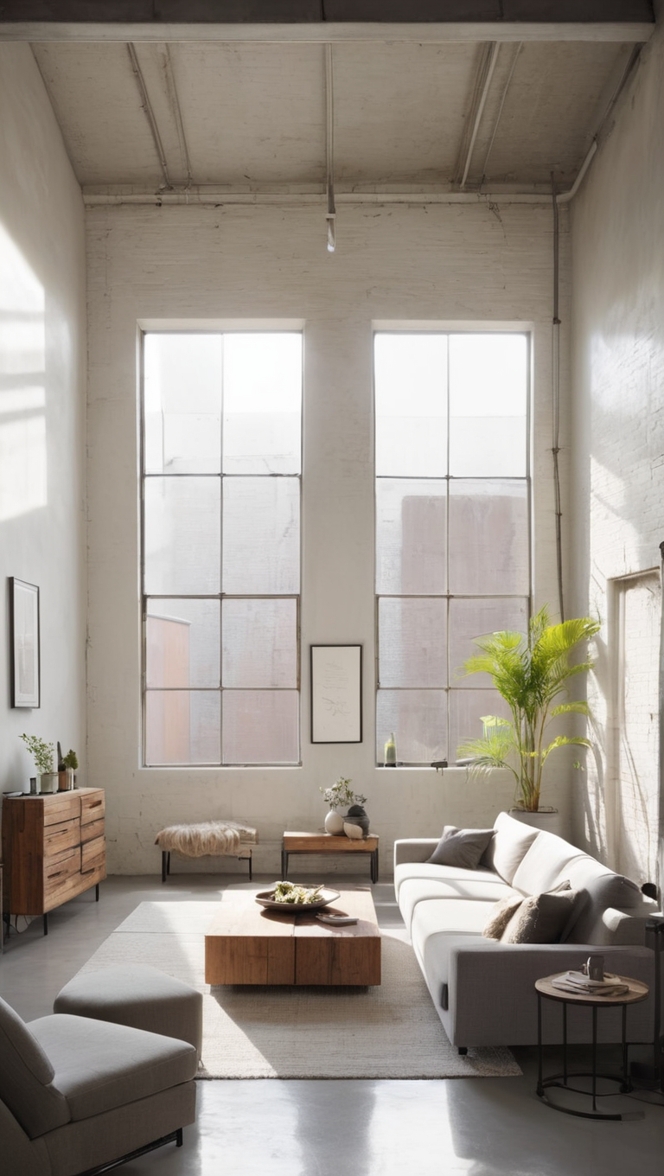 minimalist living room decor, modern industrial style, industrial chic design, contemporary minimalist interior, minimalist loft space