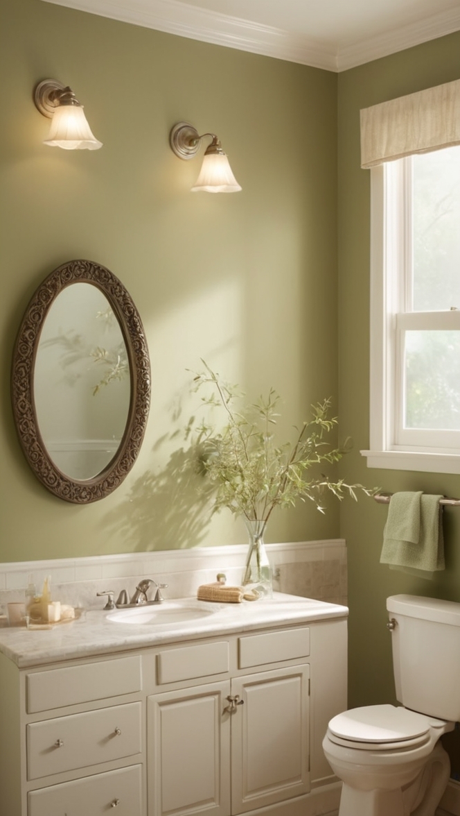 olive green paint, olive green towels, olive green decor, green bathroom accessories, olive green shower curtain