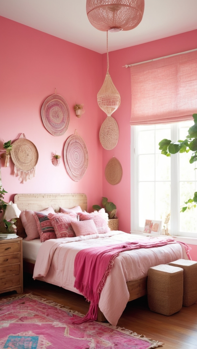 pink boho bedroom decor, bohemian bedroom ideas, pink boho bedding, boho chic bedroom, pink boho furniture