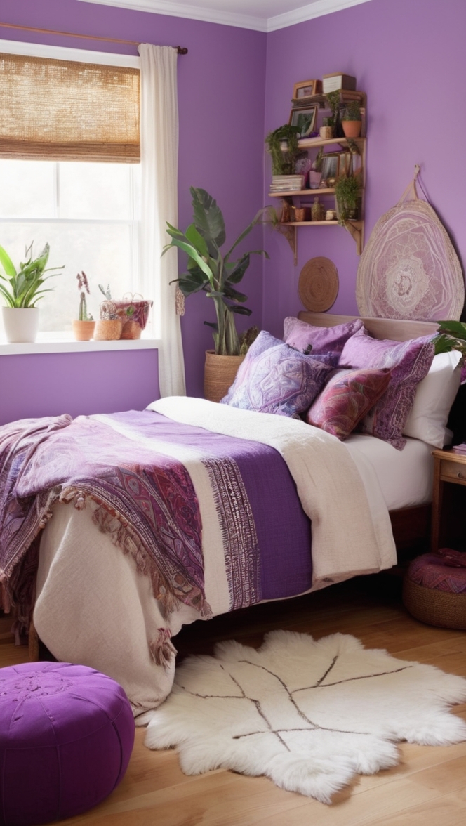 bohemian bedroom decor, boho chic bedding, purple boho tapestry, boho bedroom furniture, modern boho bedroom