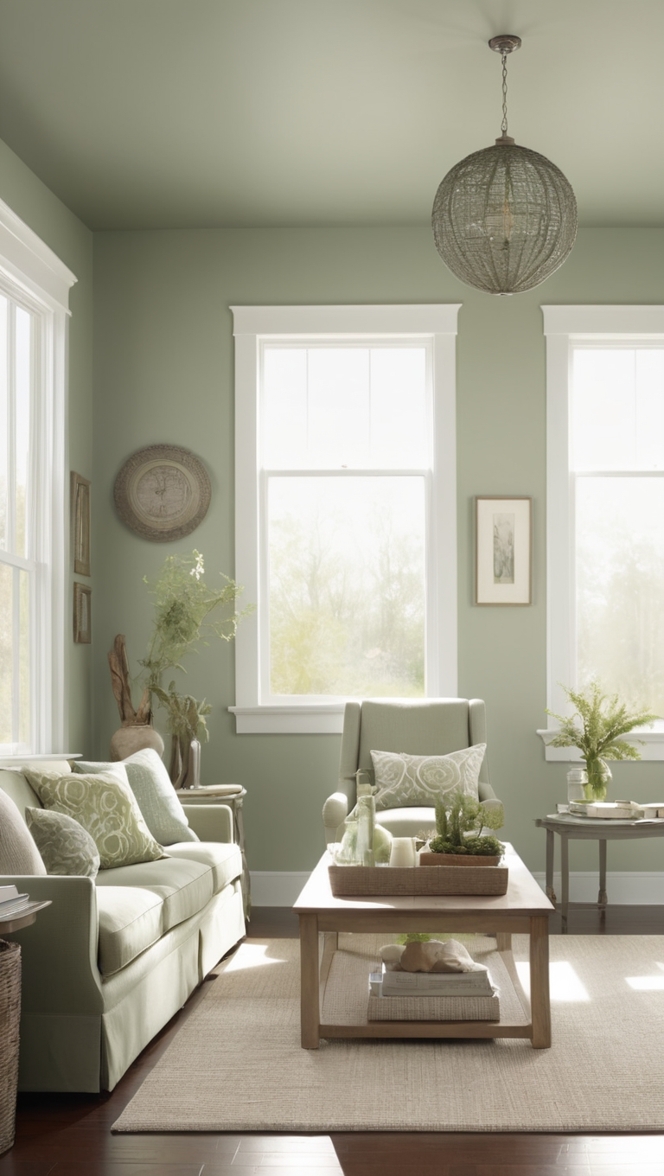 sage green paint, living room decor, green walls, gray furniture, home design