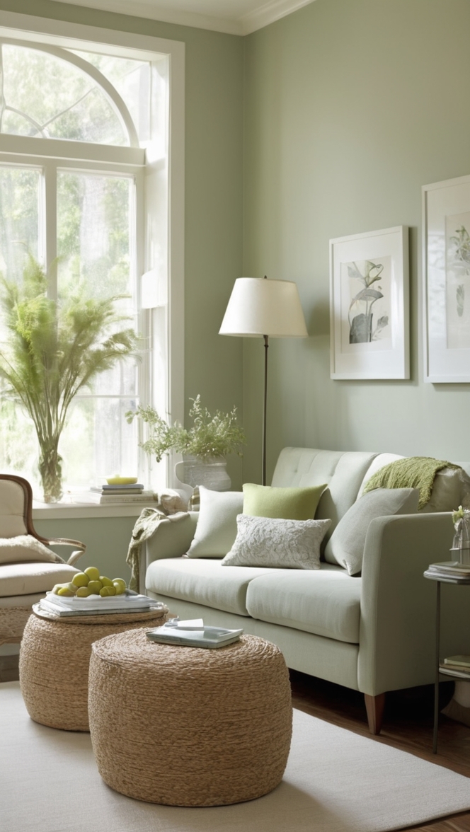 sage green paint, living room decor, green walls, gray furniture, home design