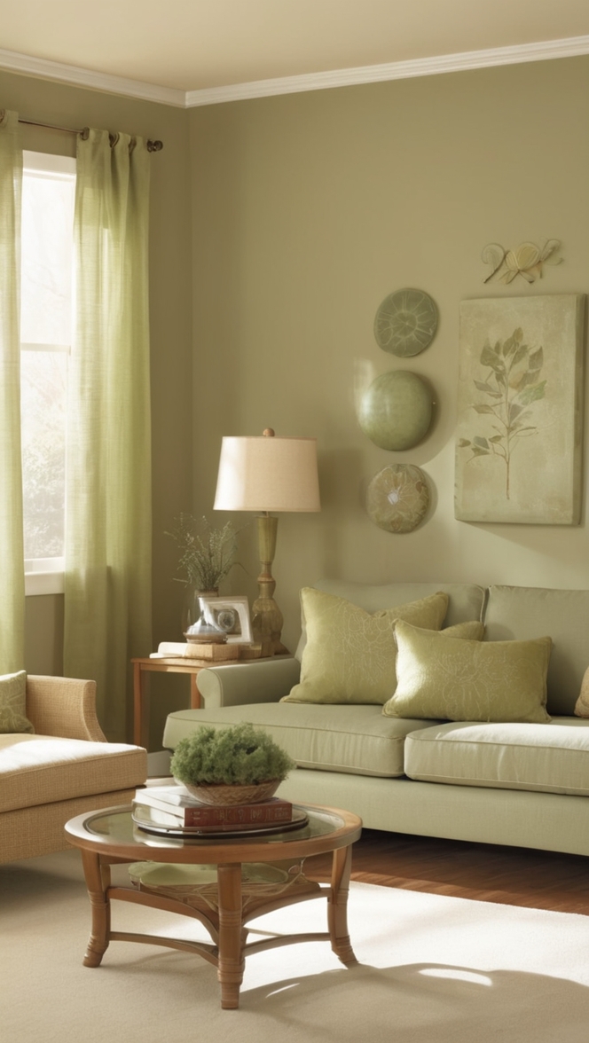 sage green paint, tan sofa, neutral decor, earthy tones, cozy living room