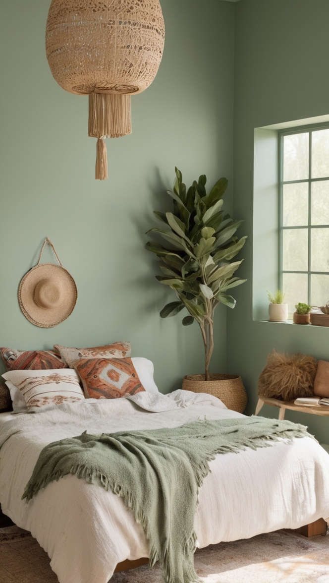 sage green bedroom decor, boho chic bedding, bohemian bedroom furniture, sage green wall art, boho style home décor
