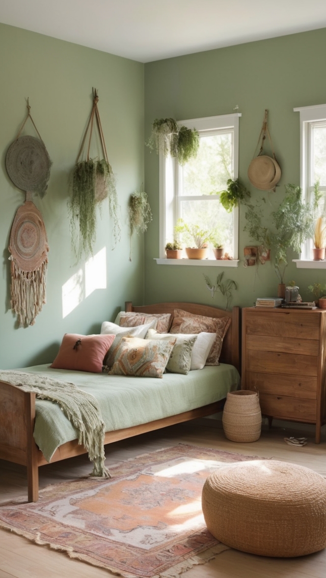 sage green bedroom decor, boho chic bedding, bohemian bedroom furniture, sage green wall art, boho style home décor