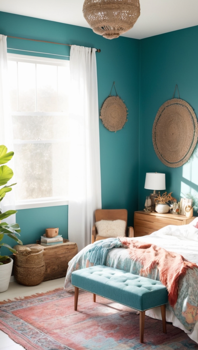 teal bedding, bohemian duvet cover, teal bedroom decor, boho throw pillows, teal area rug