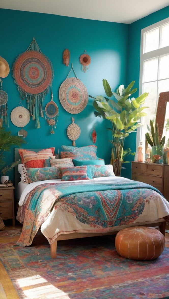 teal bedding, bohemian duvet cover, teal bedroom decor, boho throw pillows, teal area rug