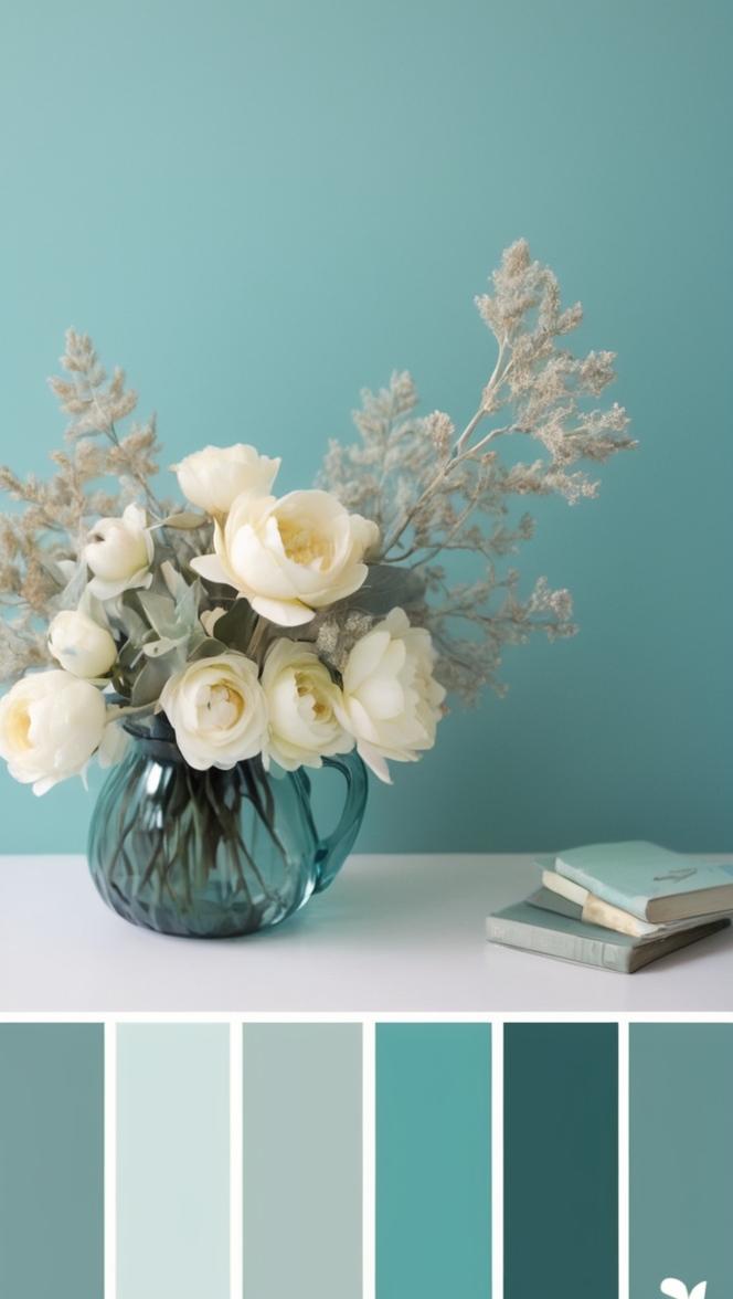 teal wedding colors, teal paint colors, teal room ideas, blue-green colors, seafoam green palette