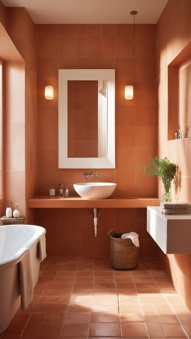 terracotta tile bathroom, terracotta tile flooring, terracotta tile backsplash, terracotta tile shower, terracotta tile ideas