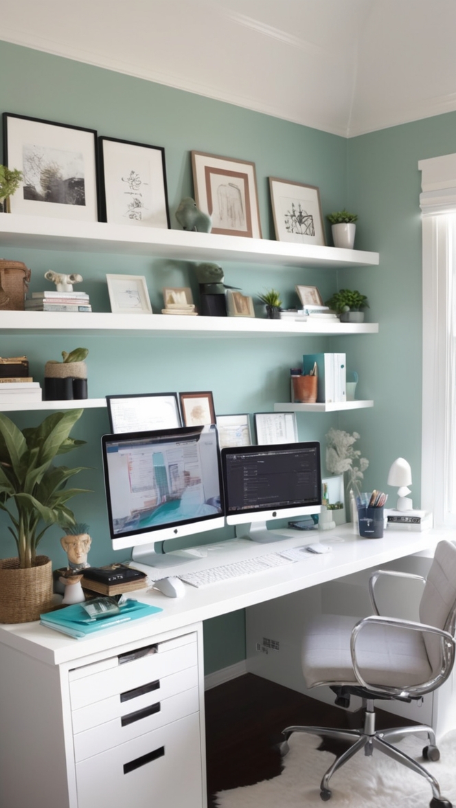 three monitor setup, home office desk, multiple monitor display, workspace organization, ergonomic work space