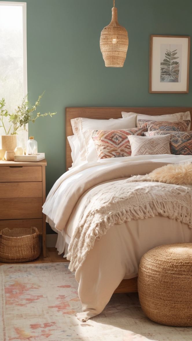 boho home decor, cozy bedroom ideas, boho style bedding, bohemian wall art, rustic bedroom decor