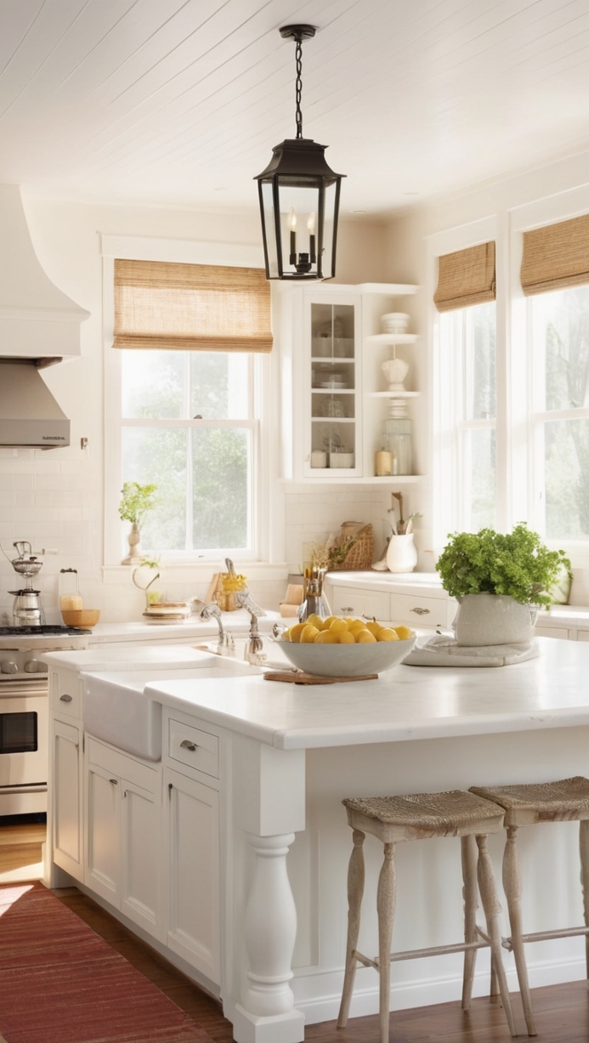 white kitchen cabinets, farmhouse sink, shaker style cabinetry, marble countertops, country kitchen decor