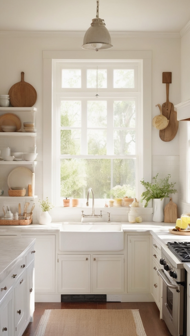 white kitchen cabinets, farmhouse sink, shaker style cabinetry, marble countertops, country kitchen decor