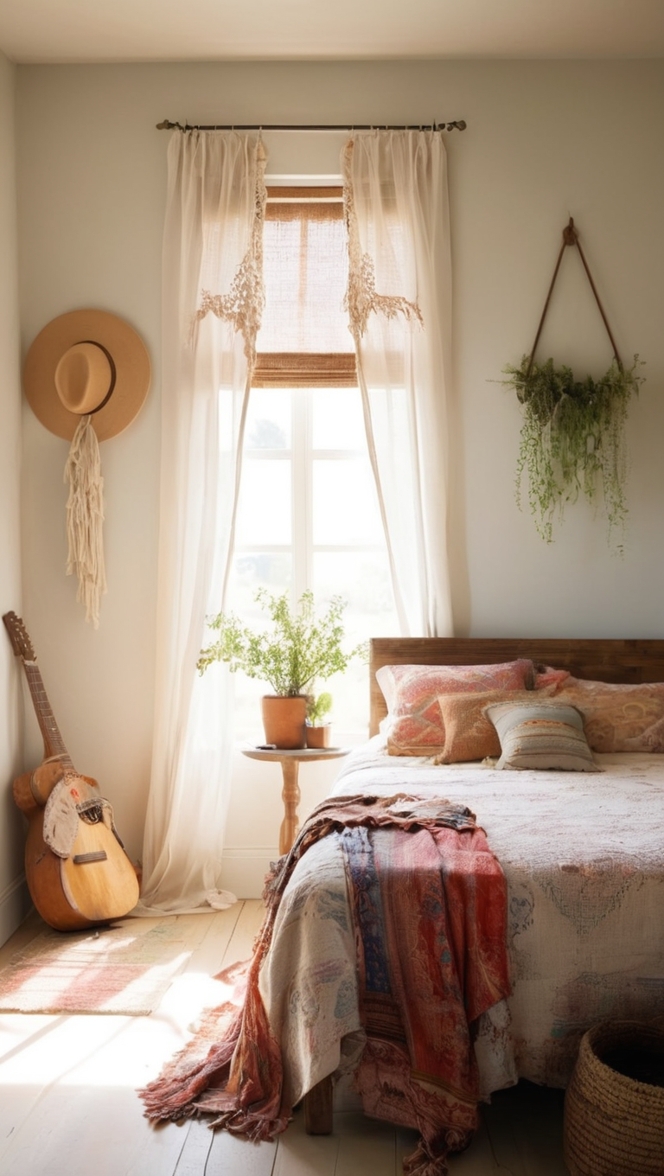 boho chic decor, rustic country home, farmhouse style bedding, vintage bohemian bedroom, shabby chic furniture