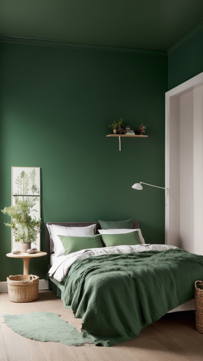 dark green paint, green bedroom decor, emerald bedroom design, forest green bedding, moss green walls