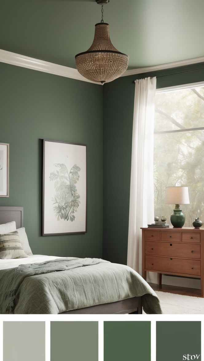dark green bedroom decor, moody green bedroom ideas, dark green bedroom furniture, moody bedroom design, dark green wall paint