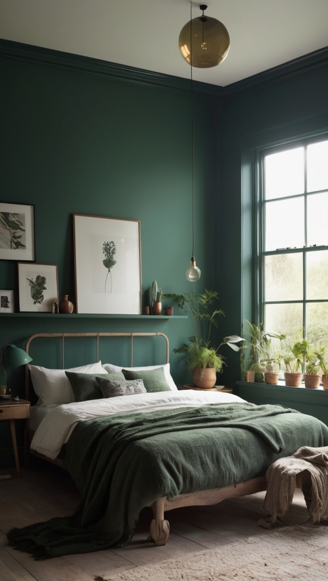 dark green bedroom decor, moody green bedroom ideas, dark green bedroom furniture, moody bedroom design, dark green wall paint